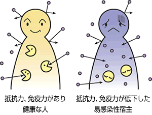 イラスト：健康な人と易感染性宿主のイメージ